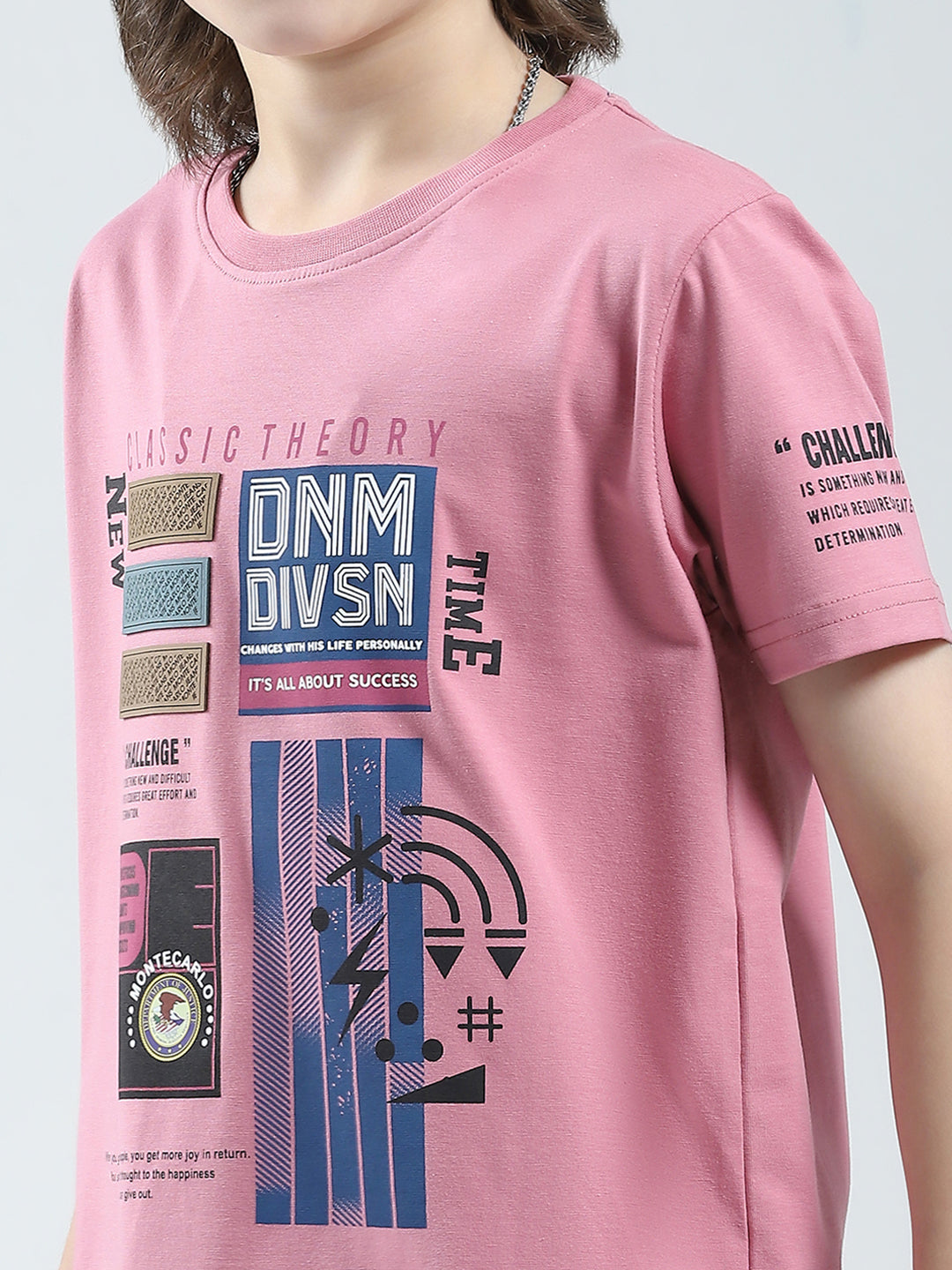 Boys Pink Printed Round Neck Half Sleeve T-Shirt