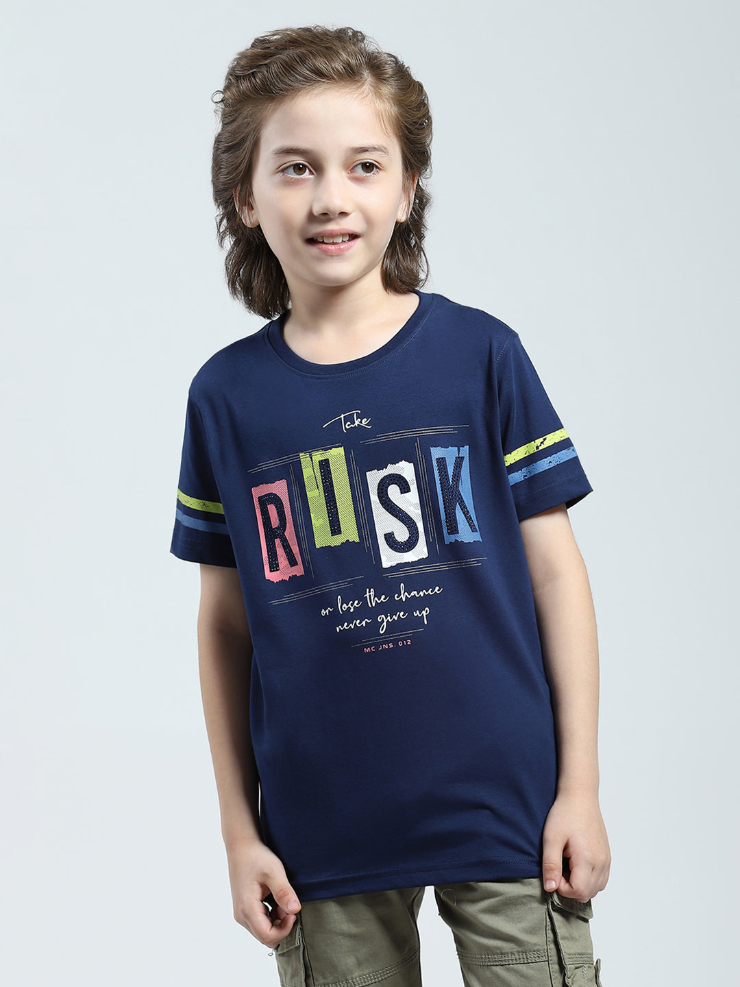 Boys Navy Blue Printed Round Neck Half Sleeve T-Shirt