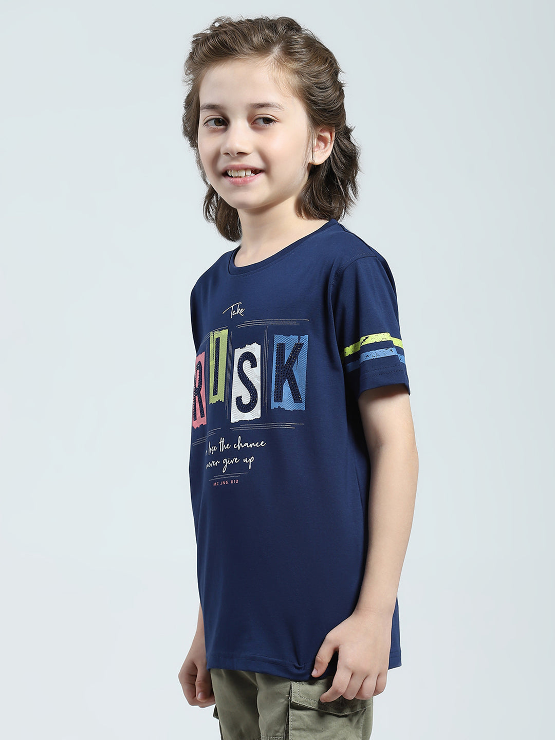 Boys Navy Blue Printed Round Neck Half Sleeve T-Shirt
