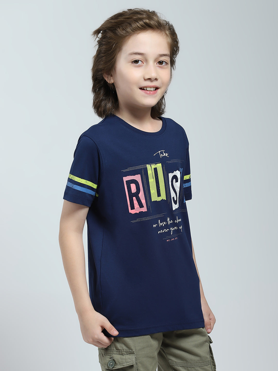 Boys Navy Blue Printed Round Neck Half Sleeve T-Shirt