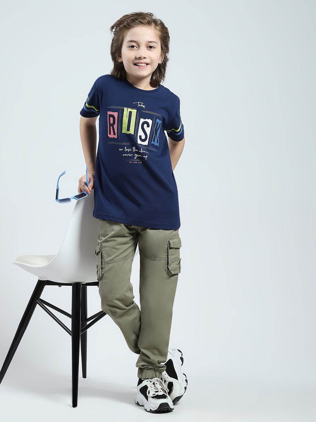 Boys Navy Blue Printed Round Neck Half Sleeve T-Shirt