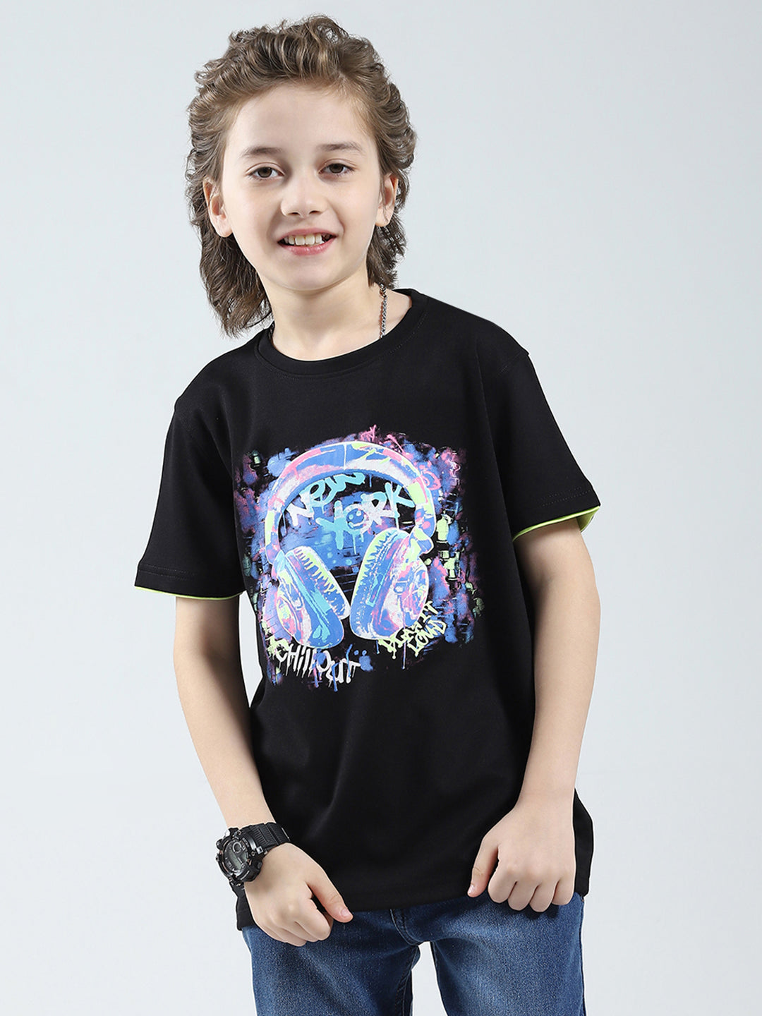 Boys Black Printed Round Neck Half Sleeve T-Shirt