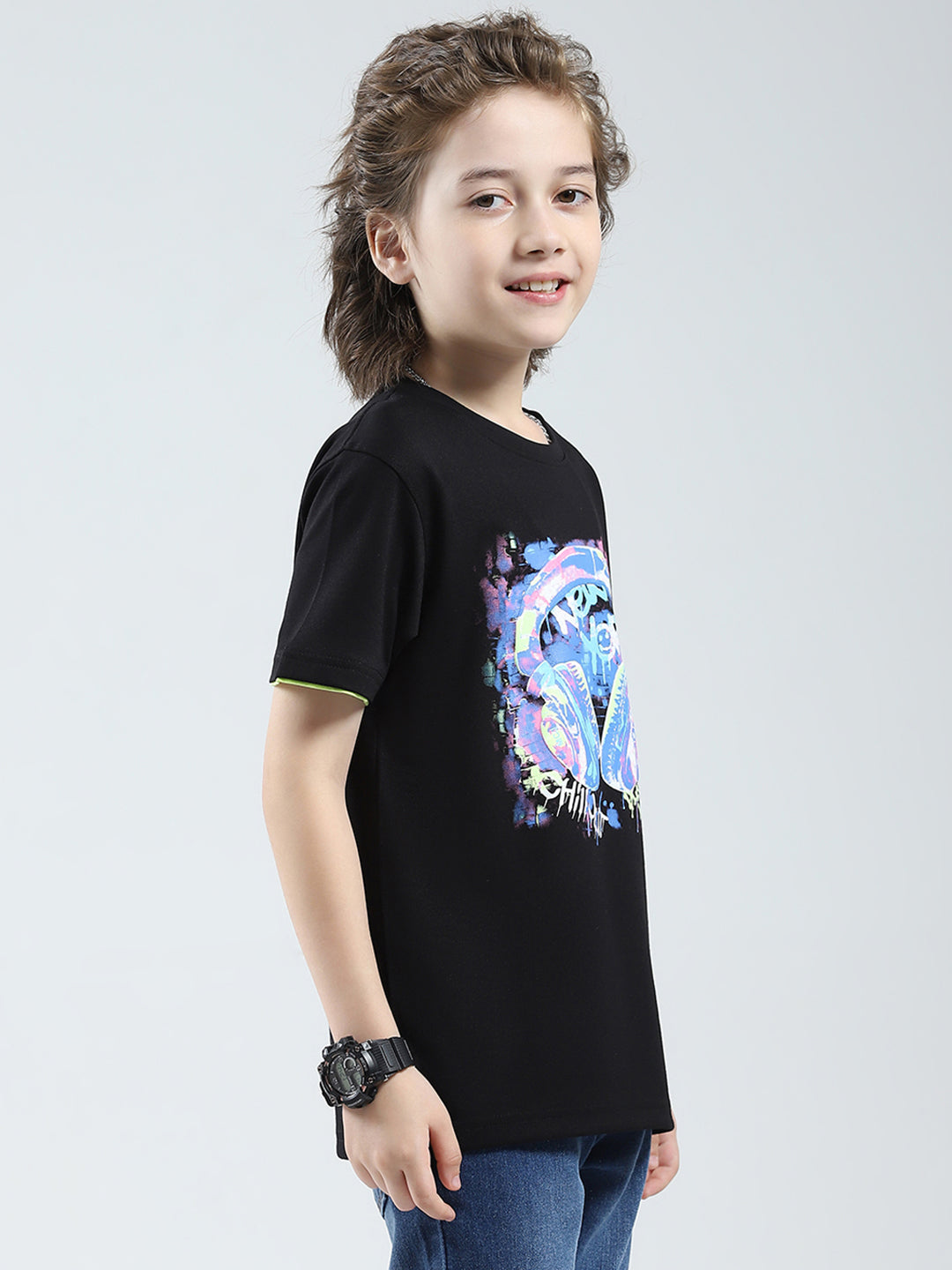 Boys Black Printed Round Neck Half Sleeve T-Shirt