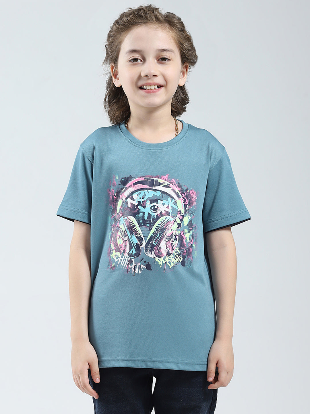 Boys Blue Printed Round Neck Half Sleeve T-Shirt