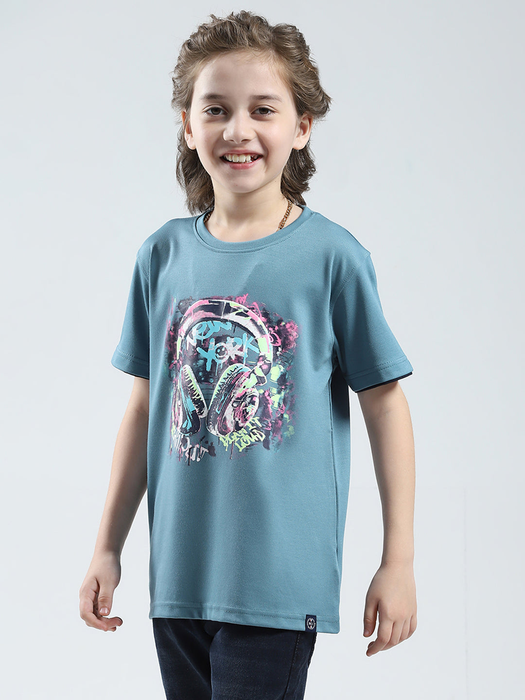 Boys Blue Printed Round Neck Half Sleeve T-Shirt