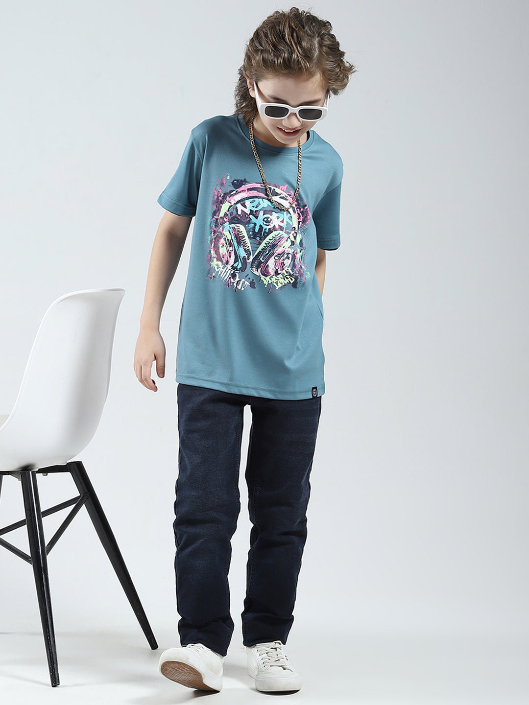 Boys Blue Printed Round Neck Half Sleeve T-Shirt