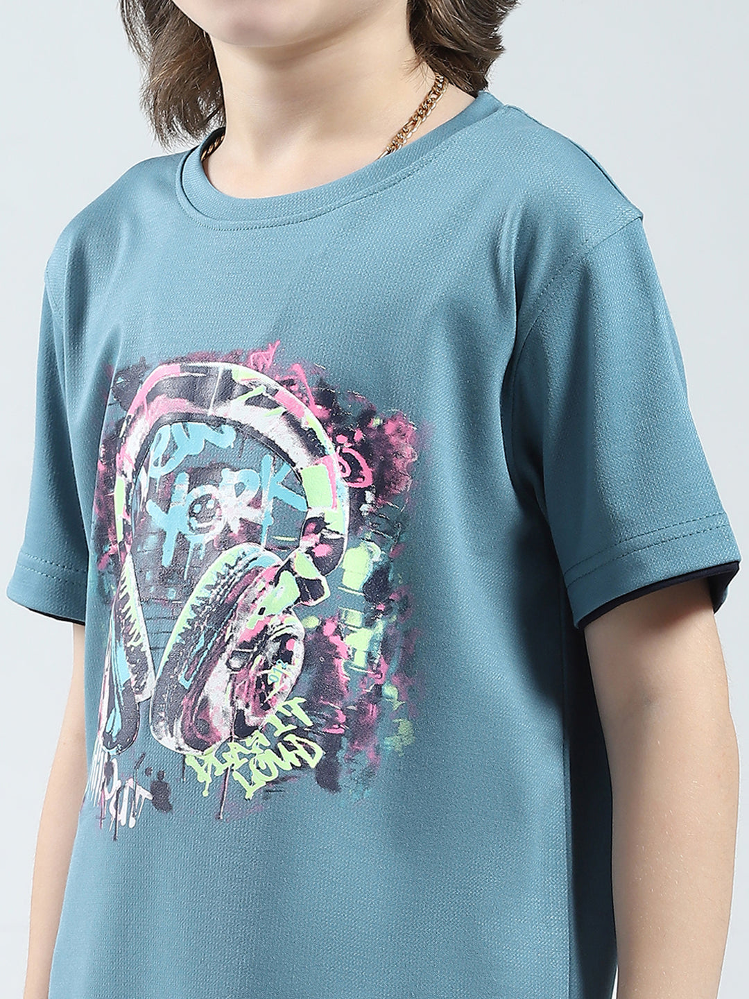 Boys Blue Printed Round Neck Half Sleeve T-Shirt