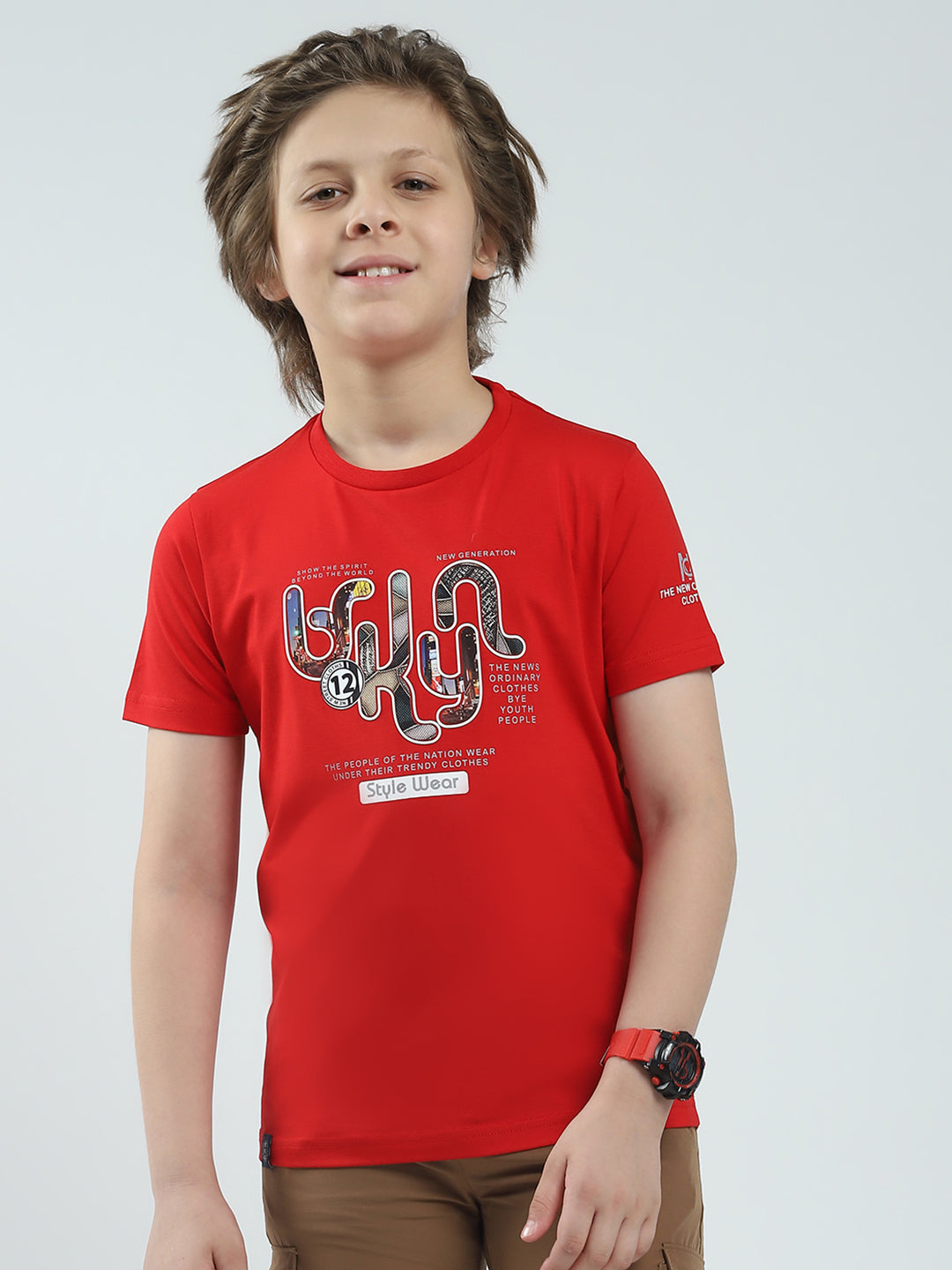 Boys Red Printed Round Neck Half Sleeve T-Shirt