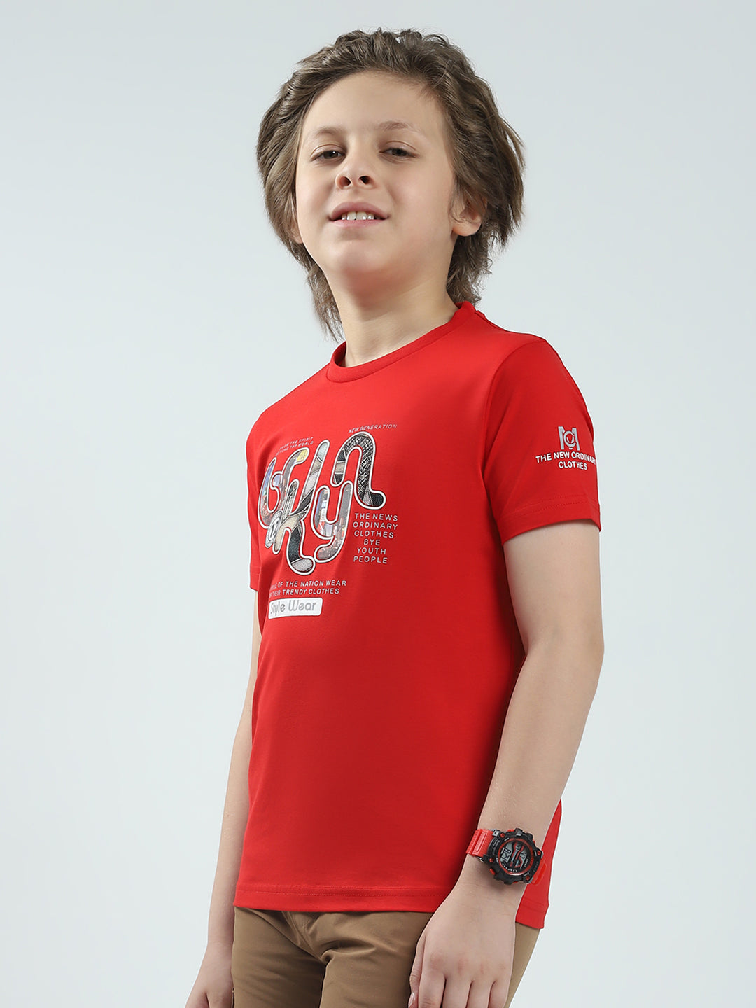 Boys Red Printed Round Neck Half Sleeve T-Shirt