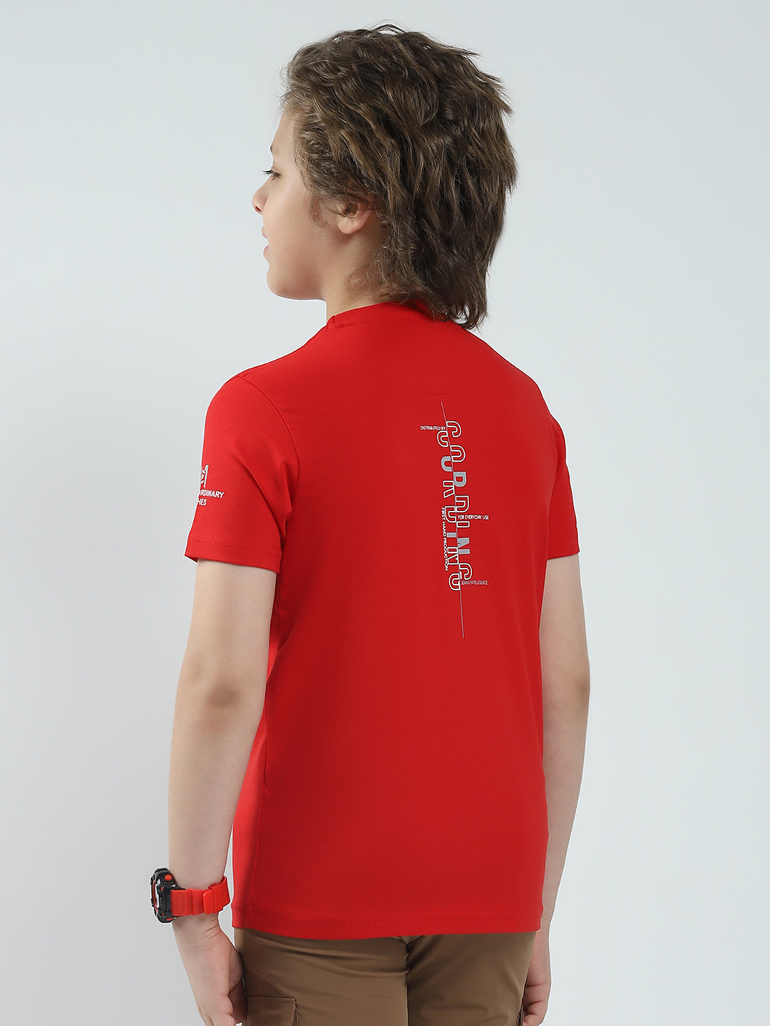 Boys Red Printed Round Neck Half Sleeve T-Shirt