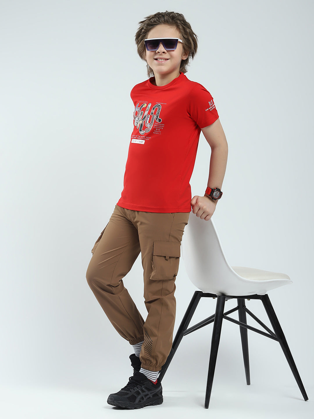 Boys Red Printed Round Neck Half Sleeve T-Shirt