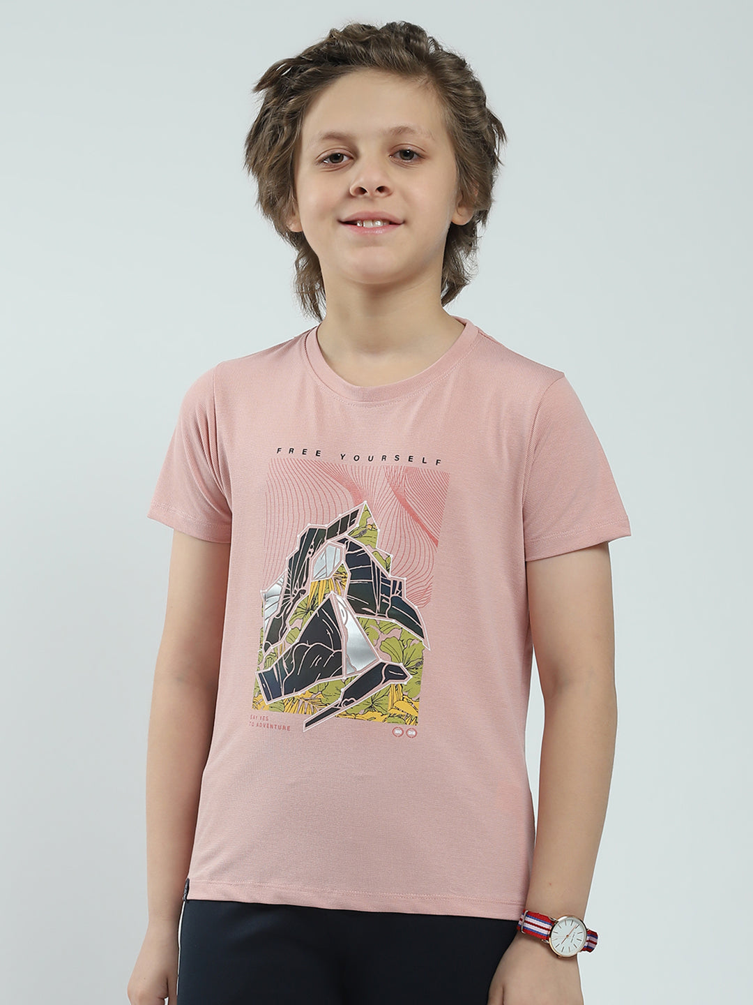 Boys Pink Printed Round Neck Half Sleeve T-Shirt