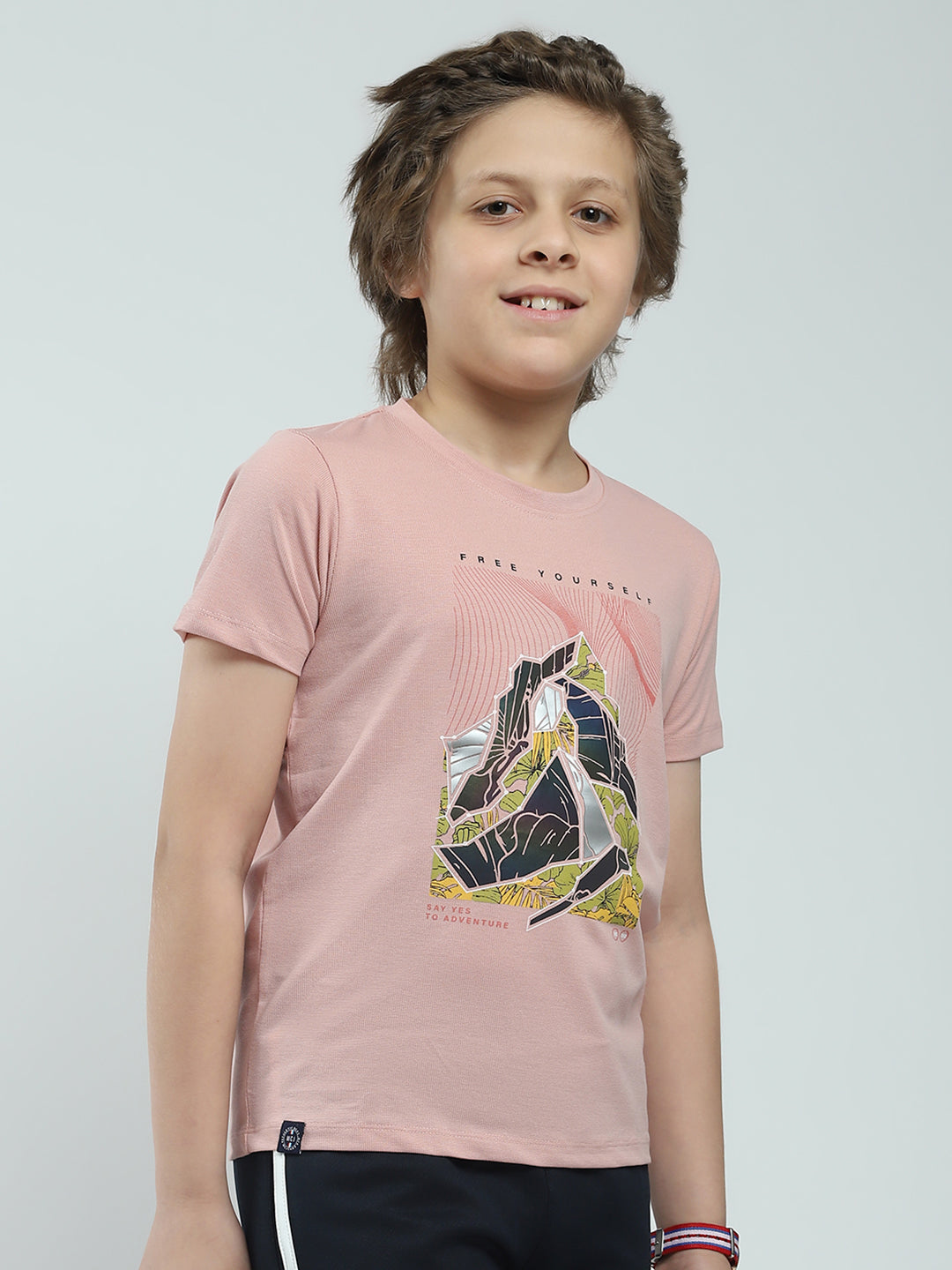 Boys Pink Printed Round Neck Half Sleeve T-Shirt