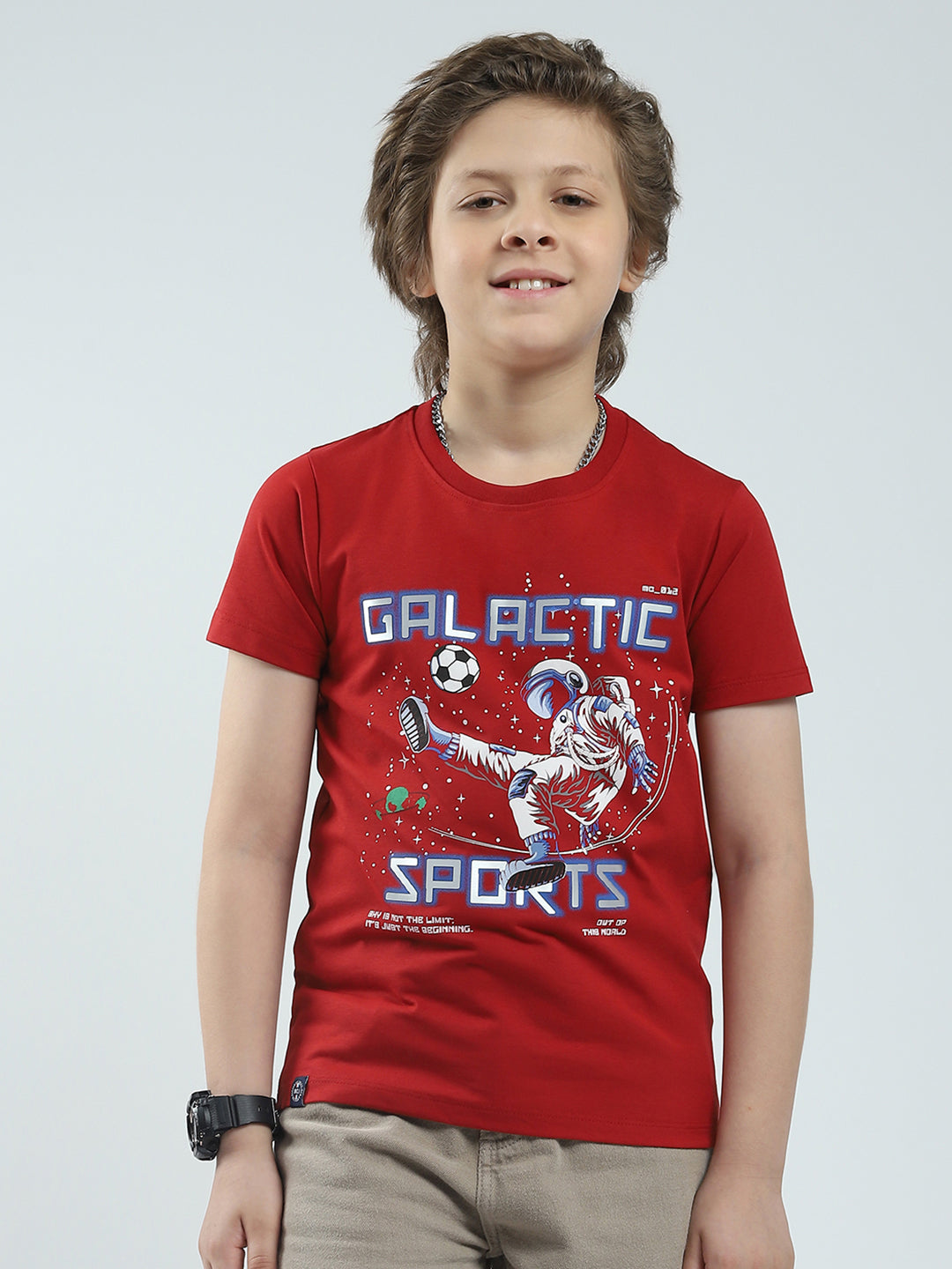 Boys Red Printed Round Neck Half Sleeve T-Shirt