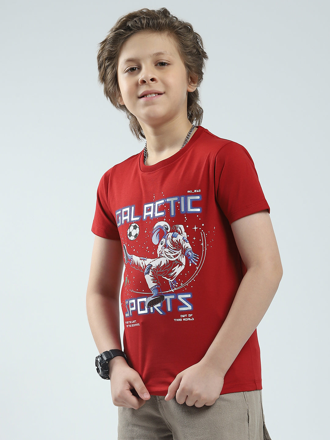 Boys Red Printed Round Neck Half Sleeve T-Shirt