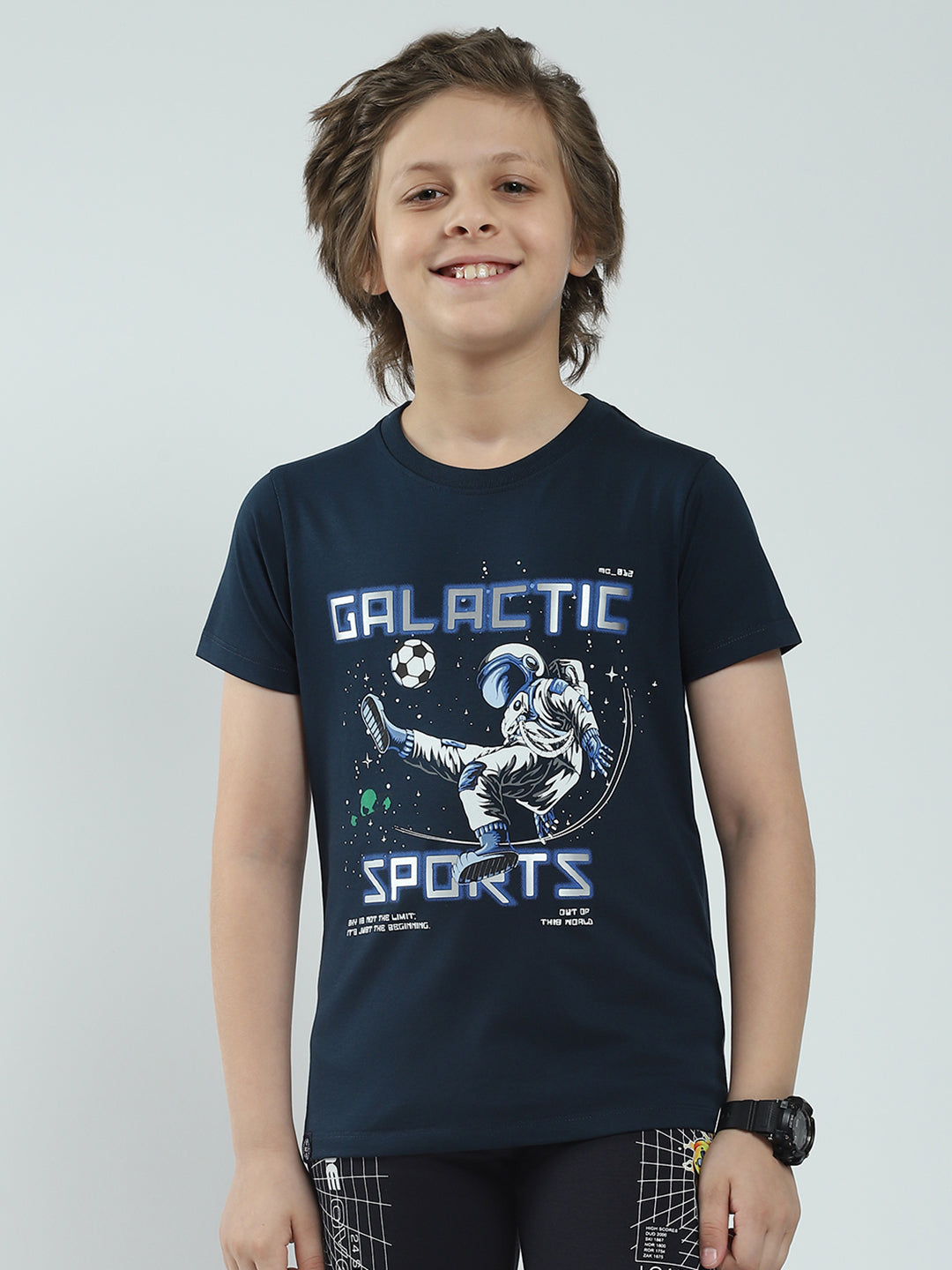 Boys Navy Blue Printed Round Neck Half Sleeve T-Shirt