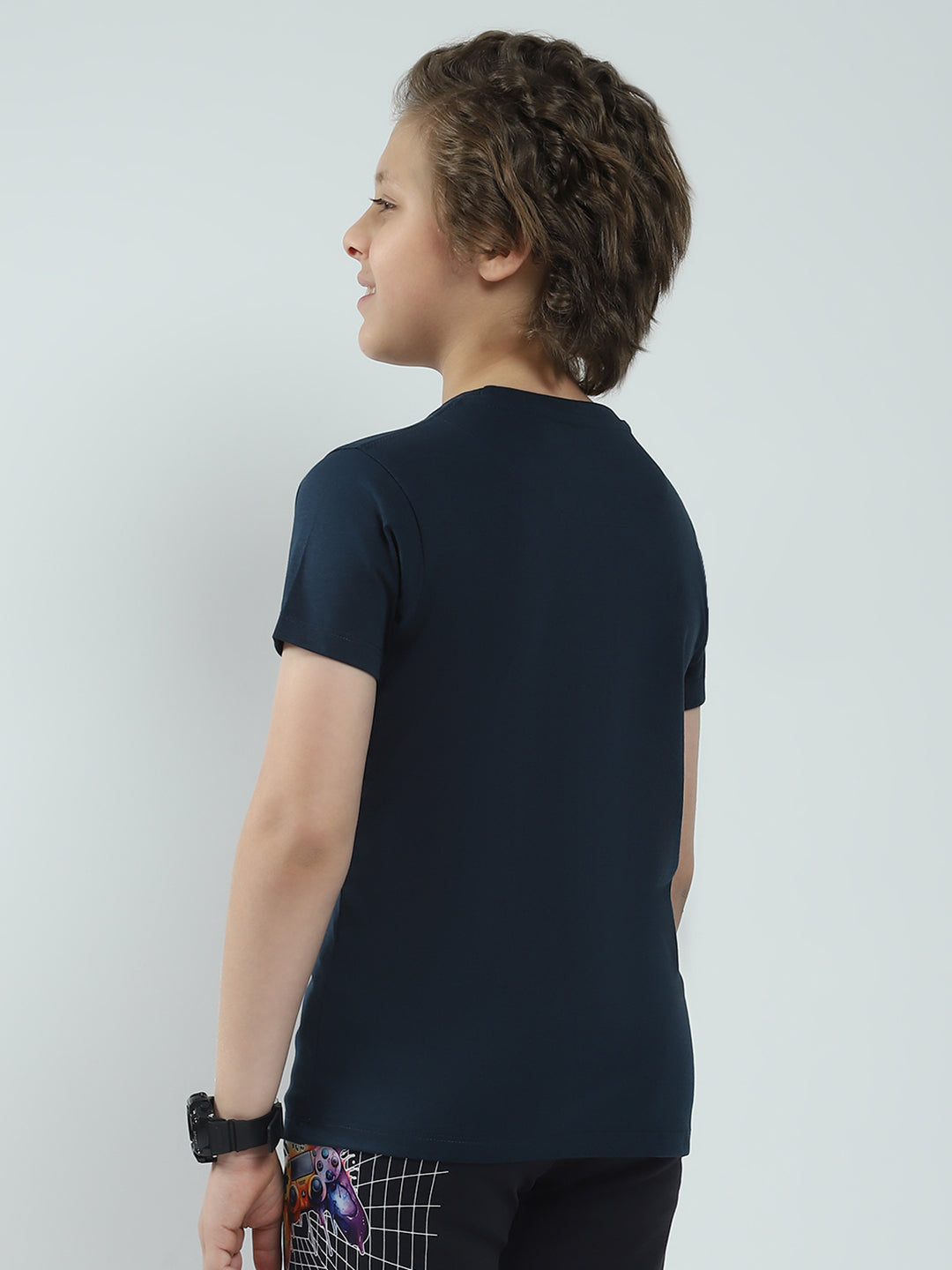 Boys Navy Blue Printed Round Neck Half Sleeve T-Shirt