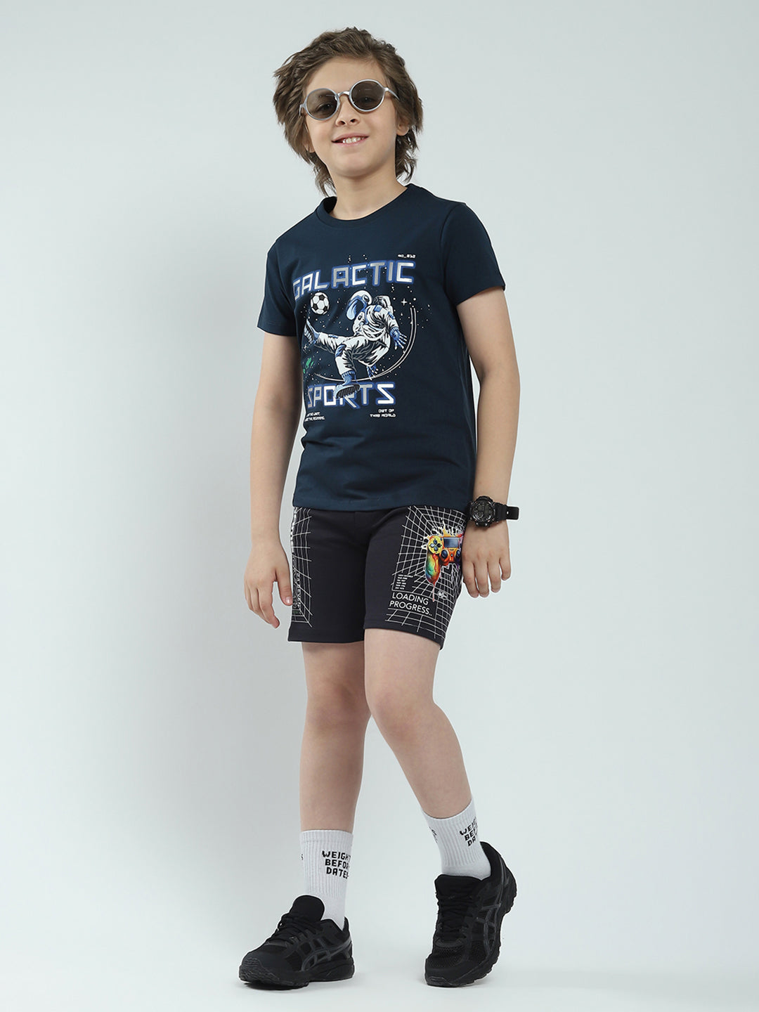 Boys Navy Blue Printed Round Neck Half Sleeve T-Shirt