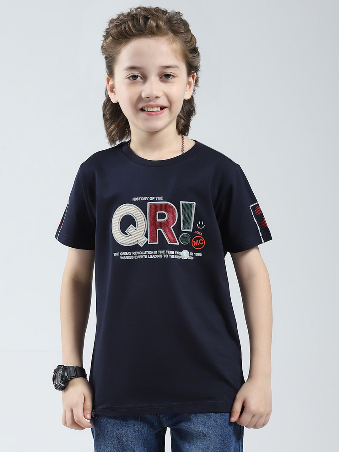 Boys Navy Blue Printed Round Neck Half Sleeve T-Shirt