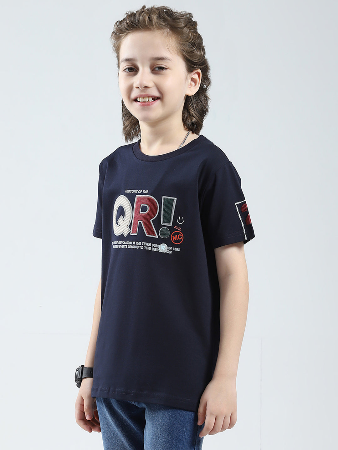 Boys Navy Blue Printed Round Neck Half Sleeve T-Shirt