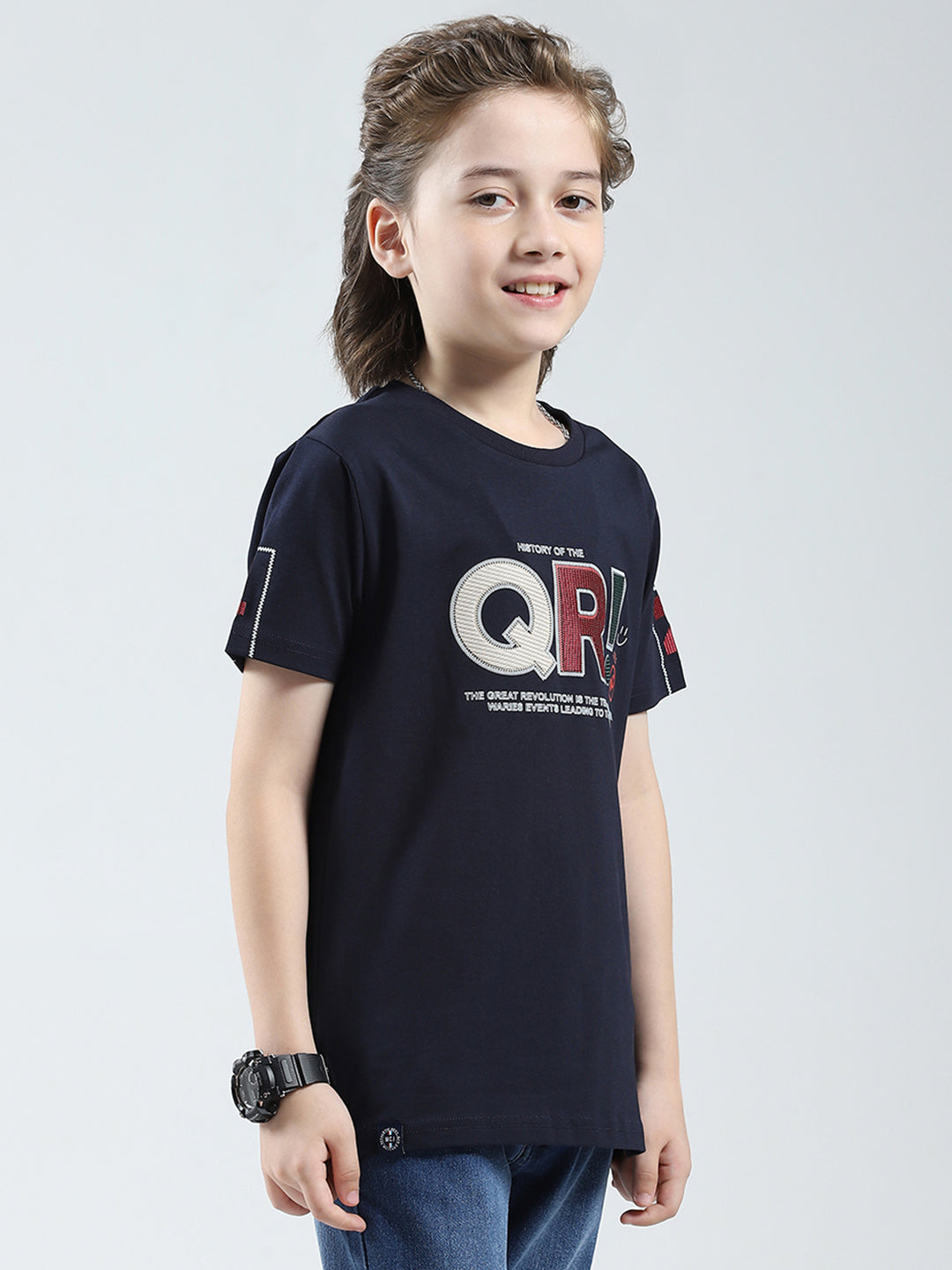 Boys Navy Blue Printed Round Neck Half Sleeve T-Shirt