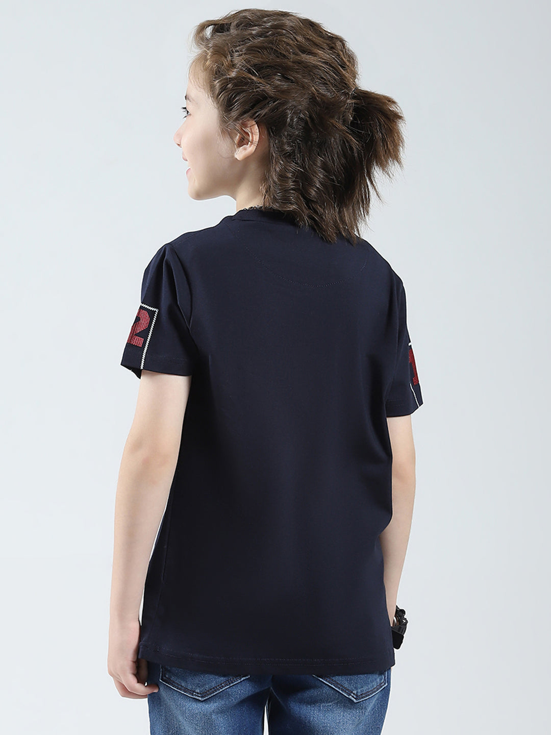 Boys Navy Blue Printed Round Neck Half Sleeve T-Shirt