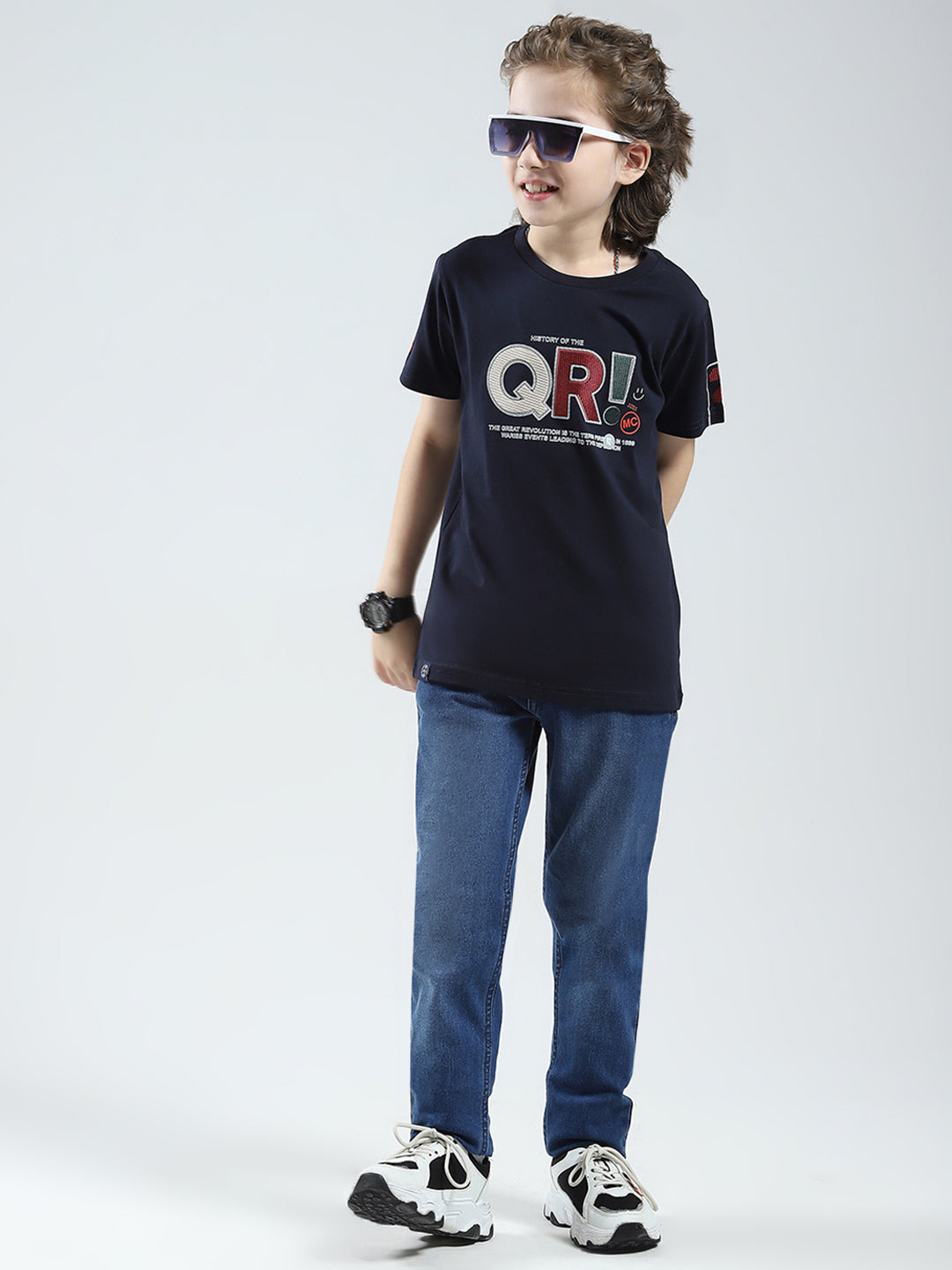 Boys Navy Blue Printed Round Neck Half Sleeve T-Shirt