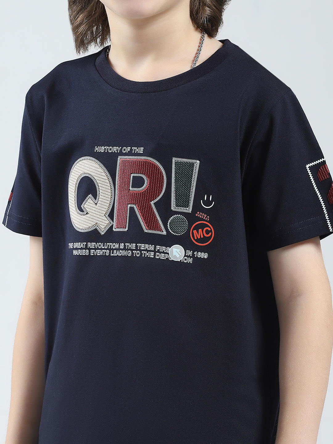 Boys Navy Blue Printed Round Neck Half Sleeve T-Shirt