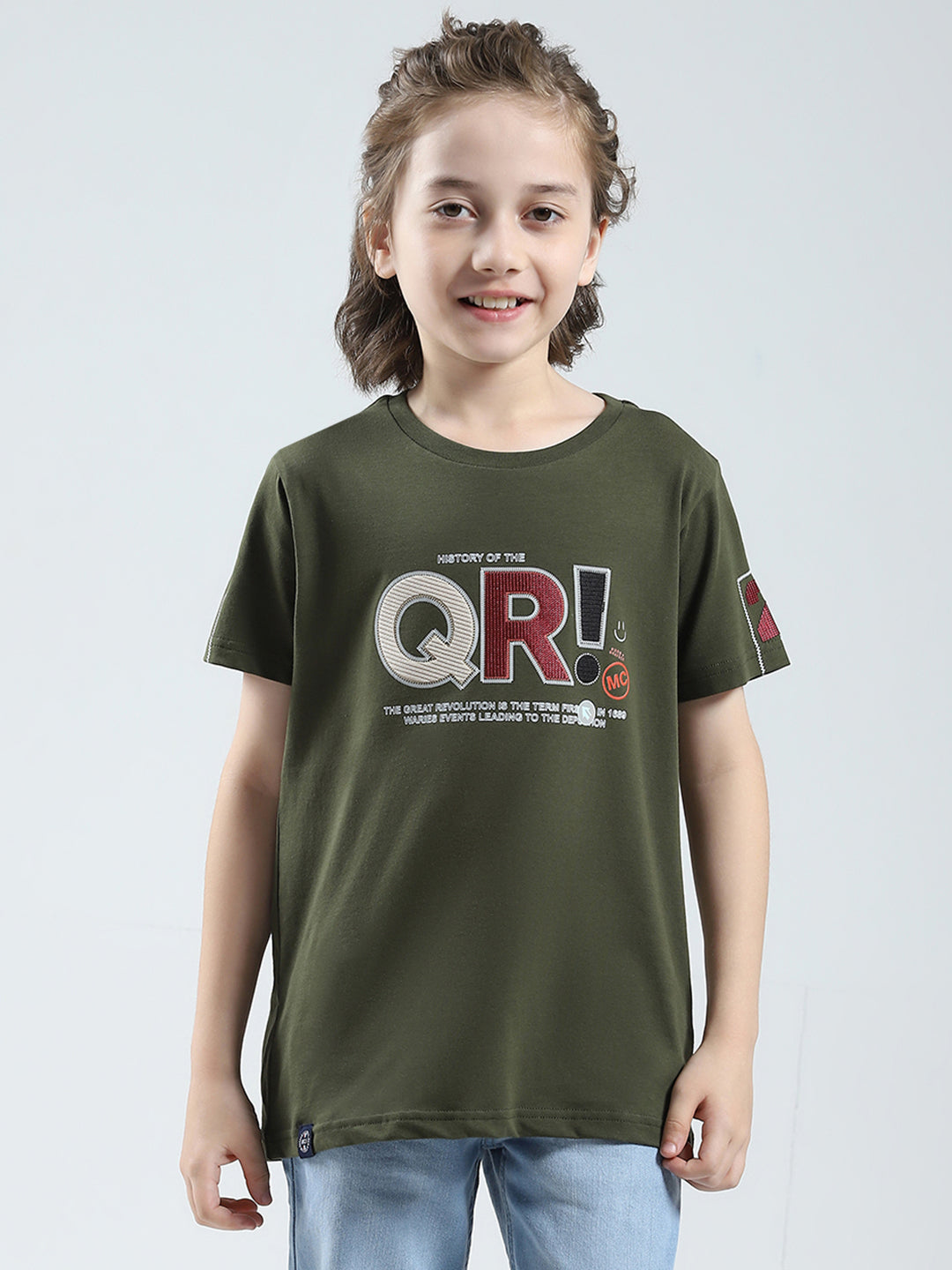 Boys Olive Printed Round Neck Half Sleeve T-Shirt