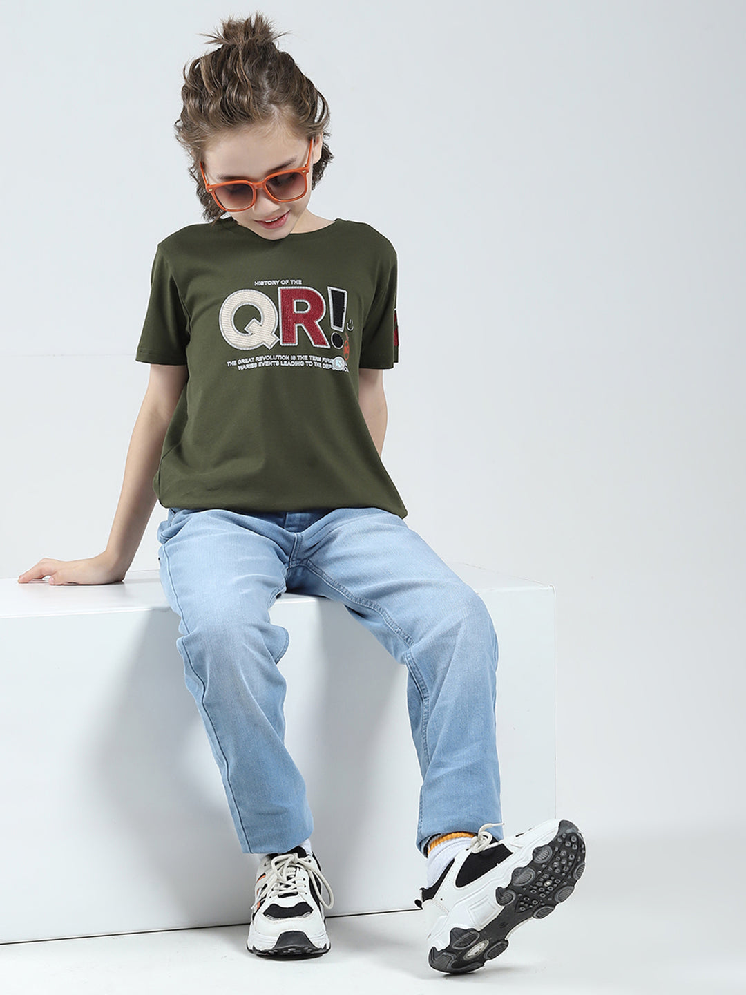 Boys Olive Printed Round Neck Half Sleeve T-Shirt