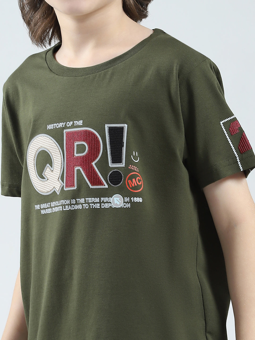 Boys Olive Printed Round Neck Half Sleeve T-Shirt