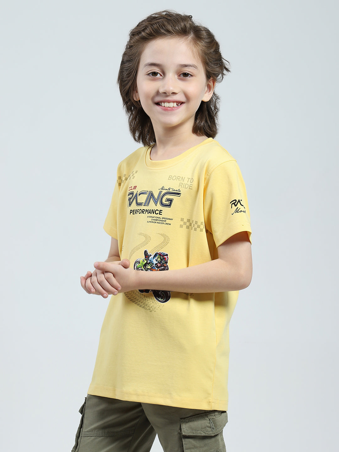 Boys Yellow Printed Round Neck Half Sleeve T-Shirt