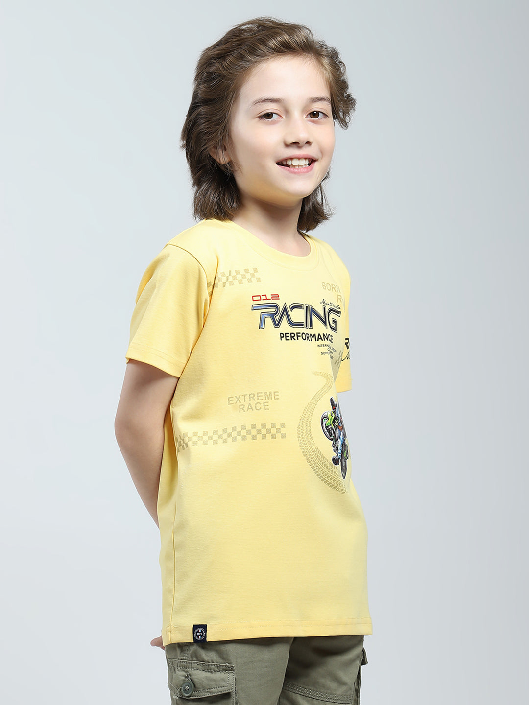 Boys Yellow Printed Round Neck Half Sleeve T-Shirt