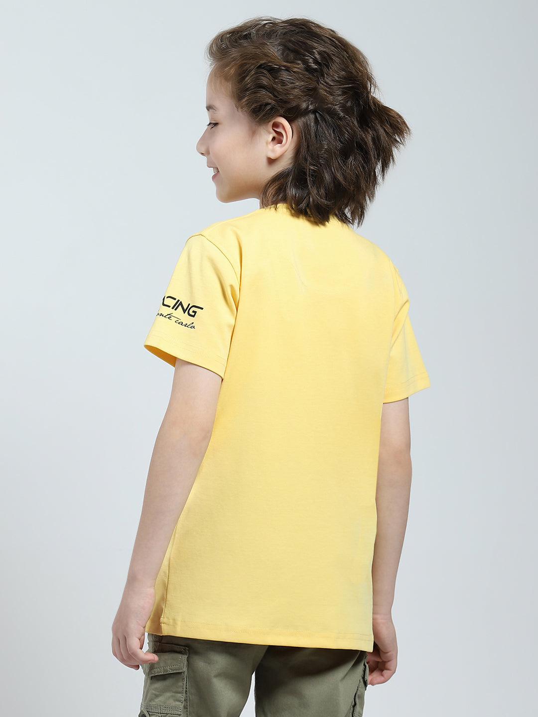 Boys Yellow Printed Round Neck Half Sleeve T-Shirt
