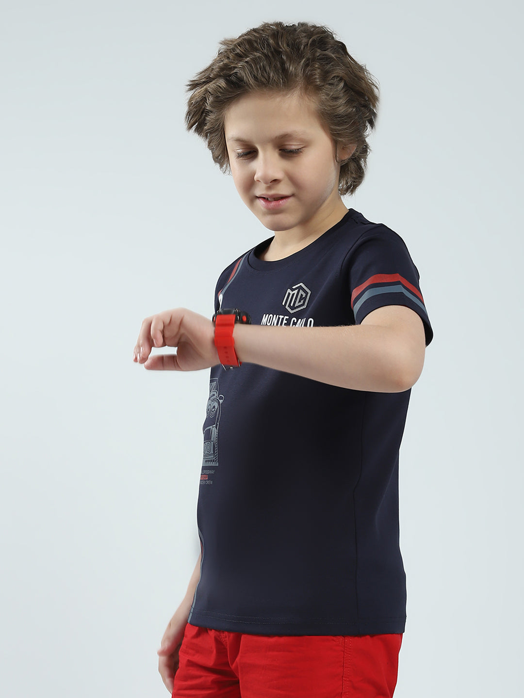 Boys Navy Blue Printed Round Neck Half Sleeve T-Shirt