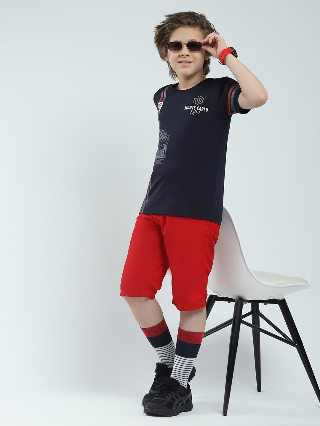 Boys Navy Blue Printed Round Neck Half Sleeve T-Shirt