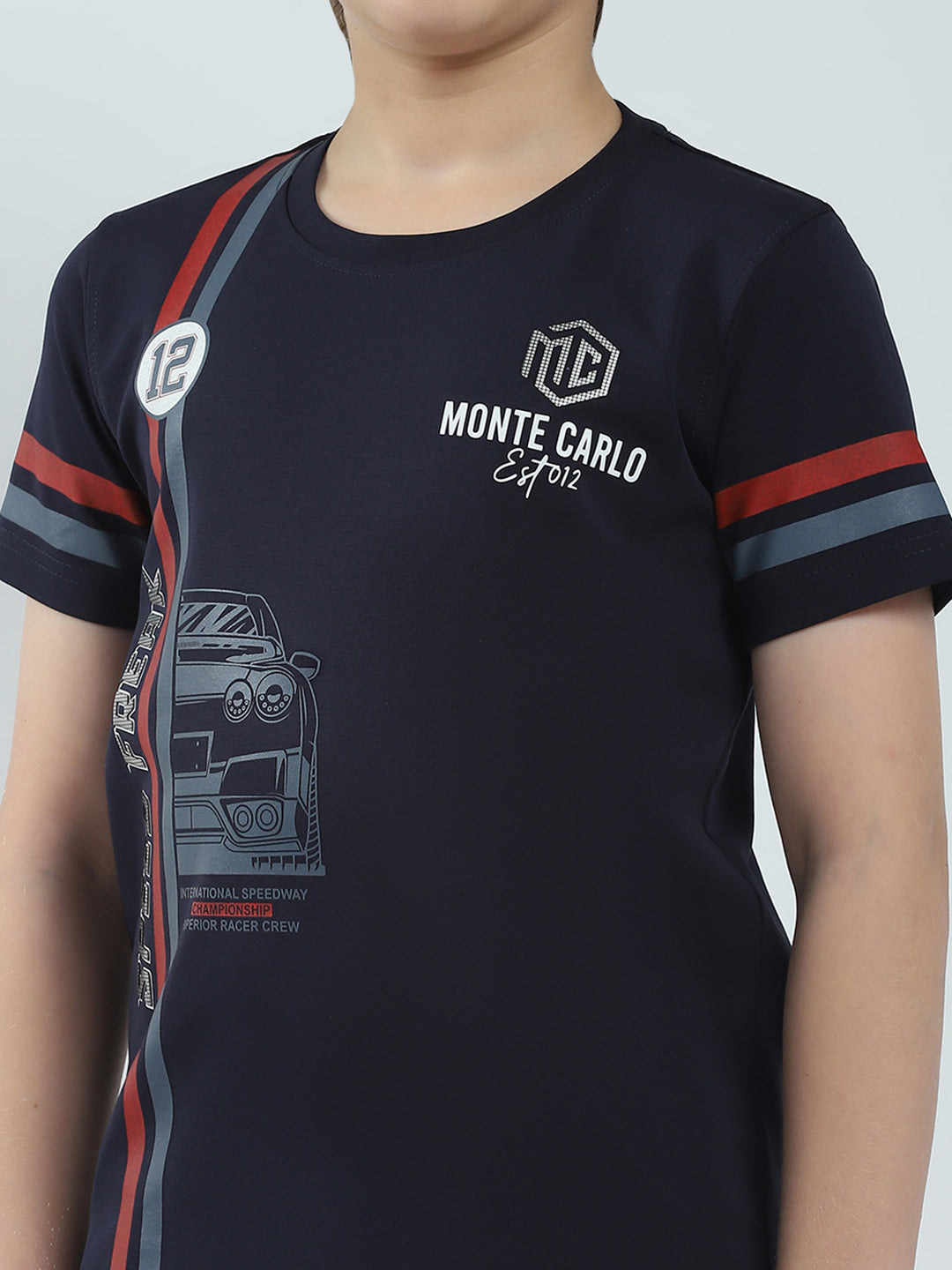 Boys Navy Blue Printed Round Neck Half Sleeve T-Shirt