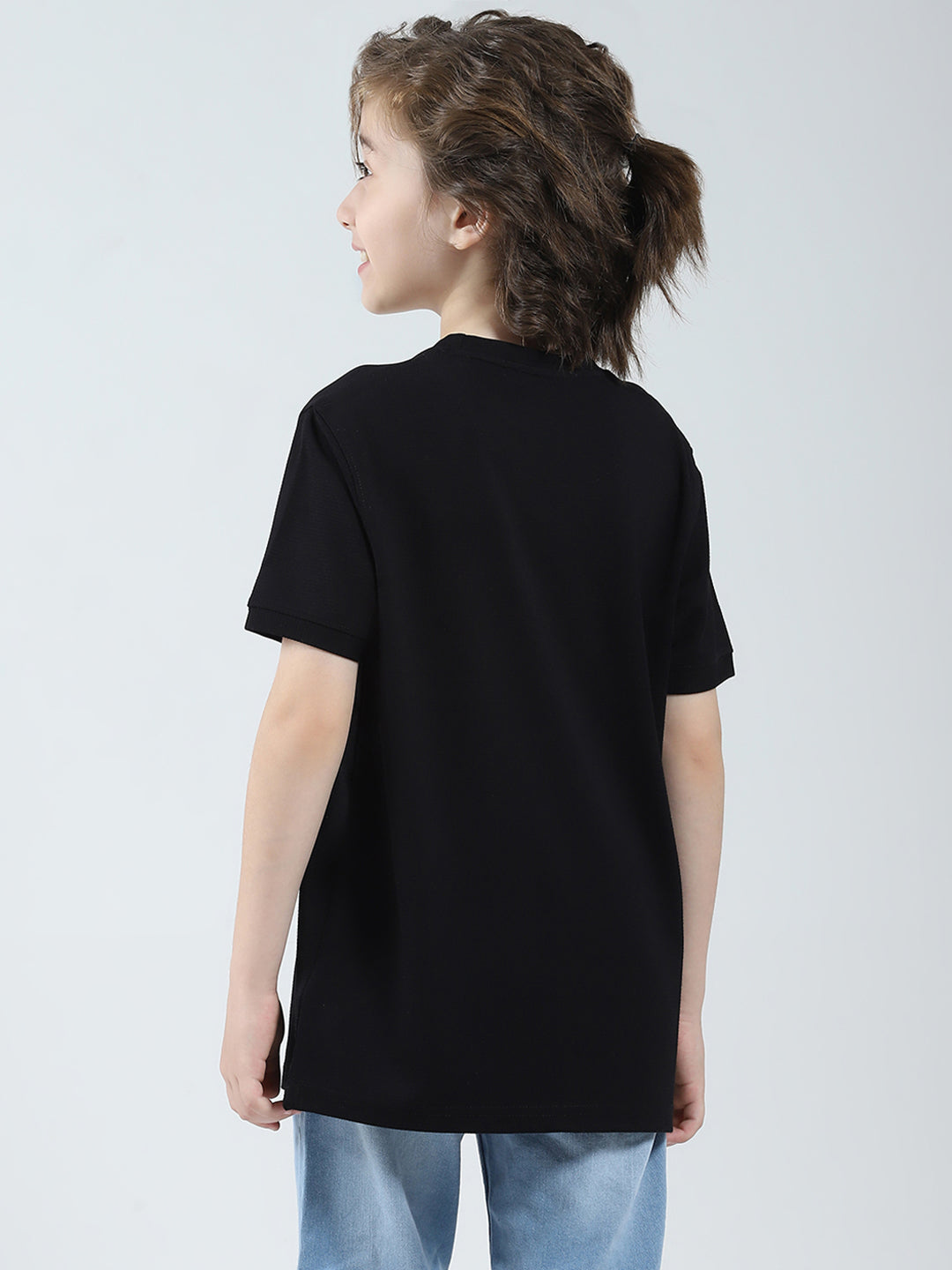 Boys Black Printed Round Neck Half Sleeve T-Shirt