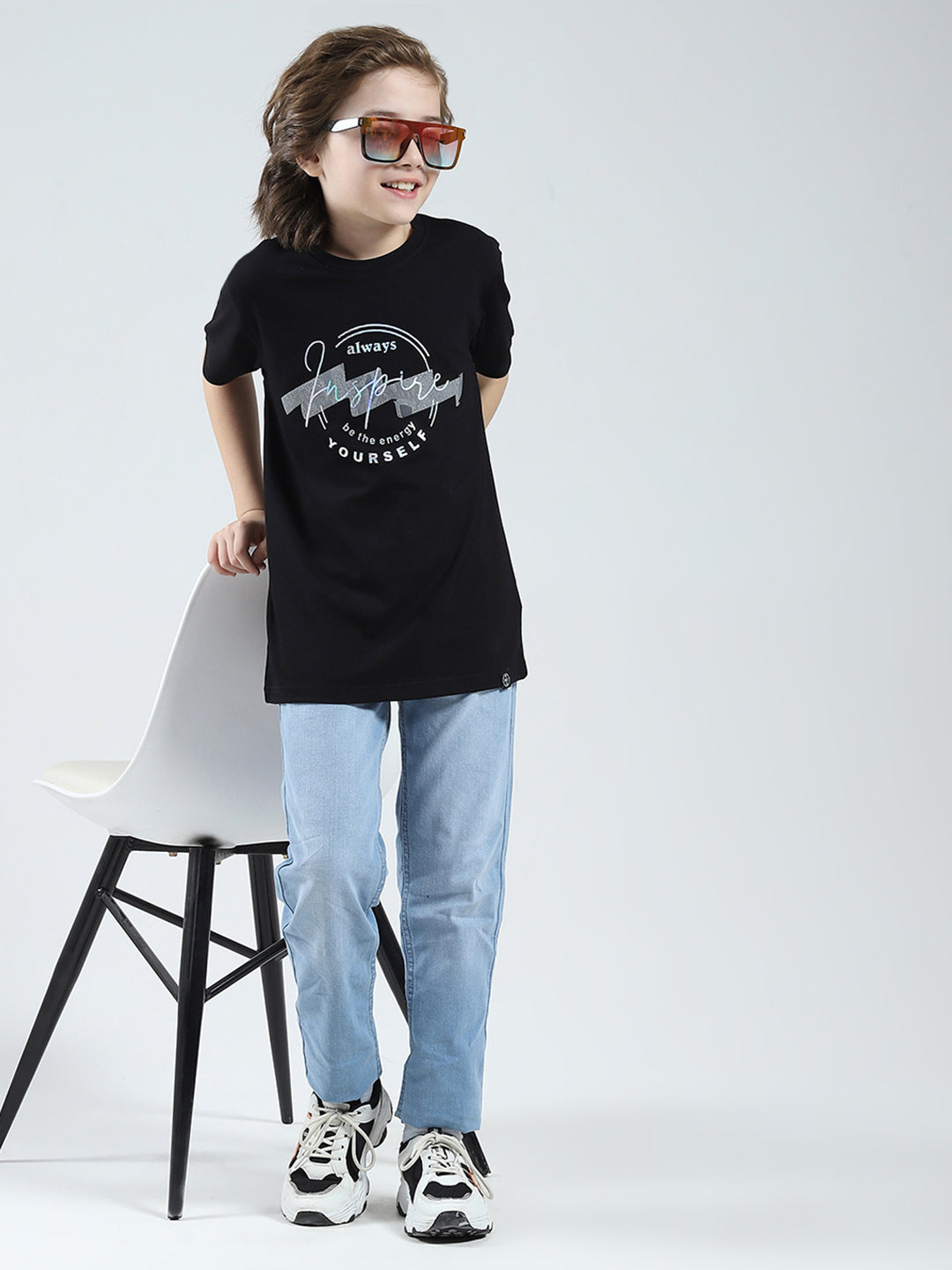 Boys Black Printed Round Neck Half Sleeve T-Shirt