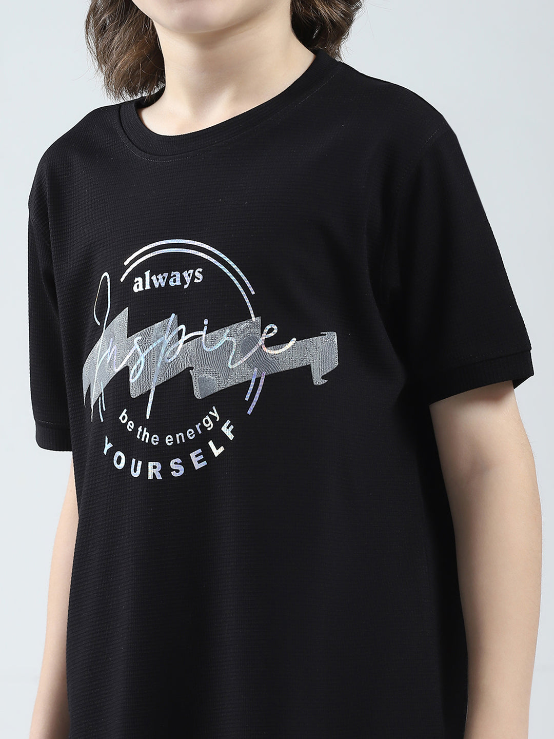 Boys Black Printed Round Neck Half Sleeve T-Shirt