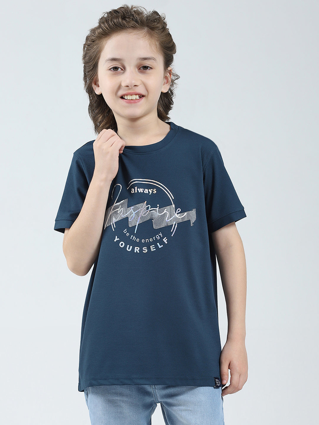 Boys Teal Blue Printed Round Neck Half Sleeve T-Shirt