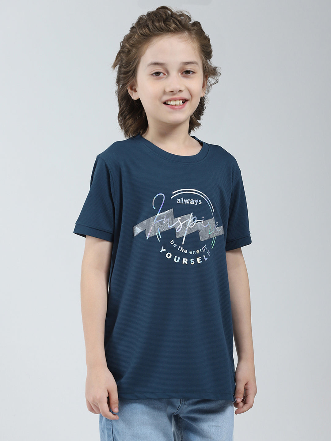 Boys Teal Blue Printed Round Neck Half Sleeve T-Shirt