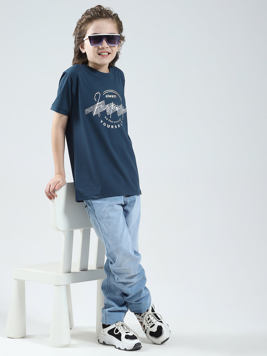 Boys Teal Blue Printed Round Neck Half Sleeve T-Shirt