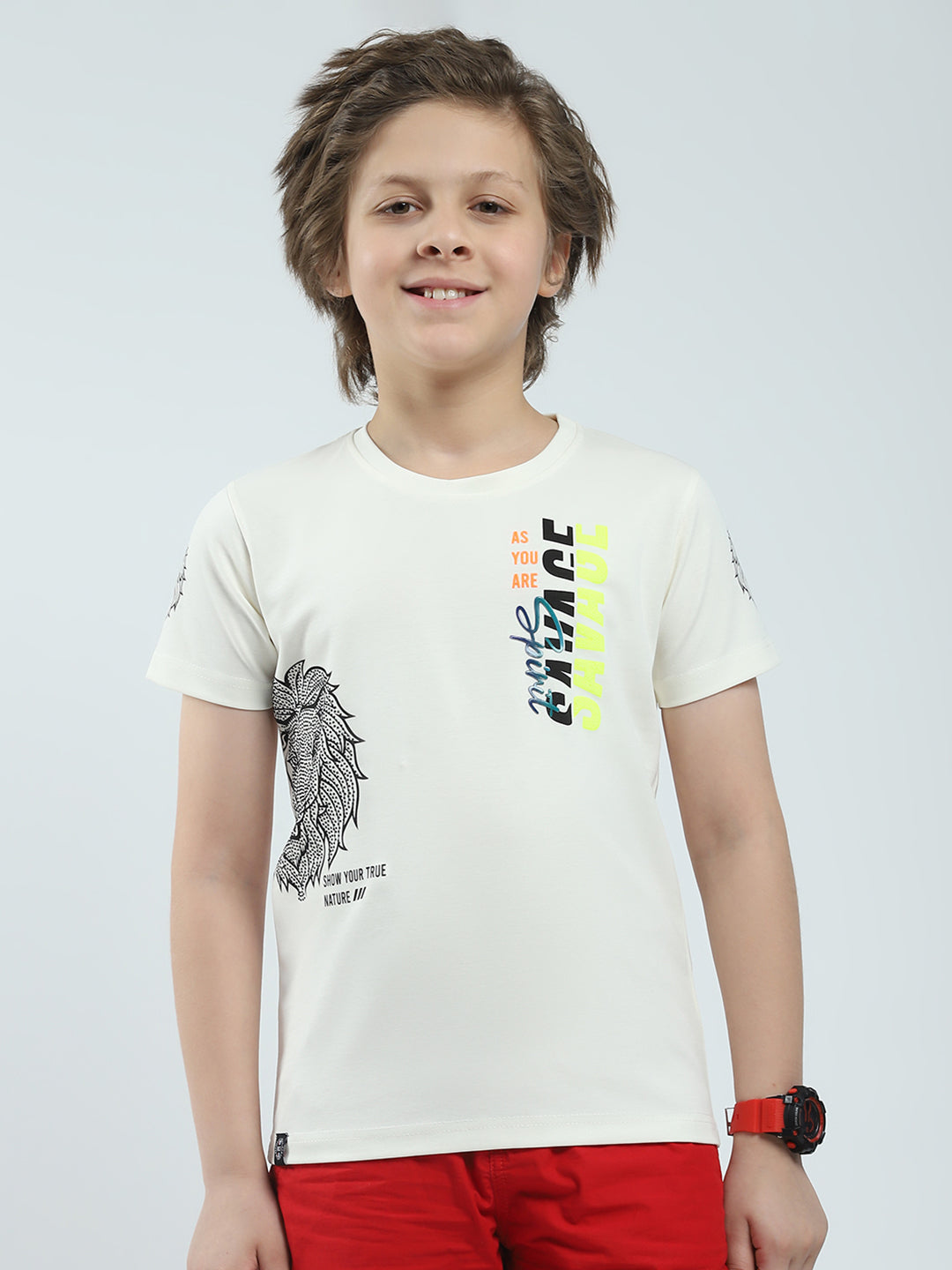 Boys White Printed Round Neck Half Sleeve T-Shirt