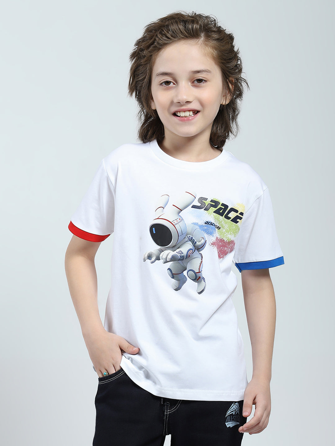 Boys White Printed Round Neck Half Sleeve T-Shirt
