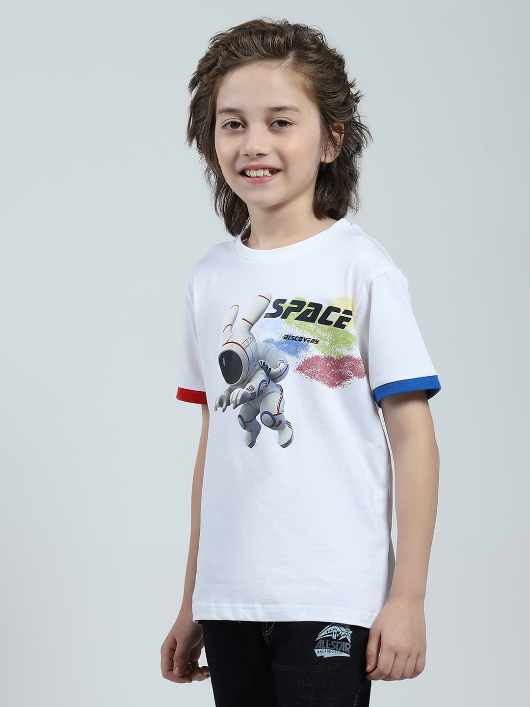 Boys White Printed Round Neck Half Sleeve T-Shirt