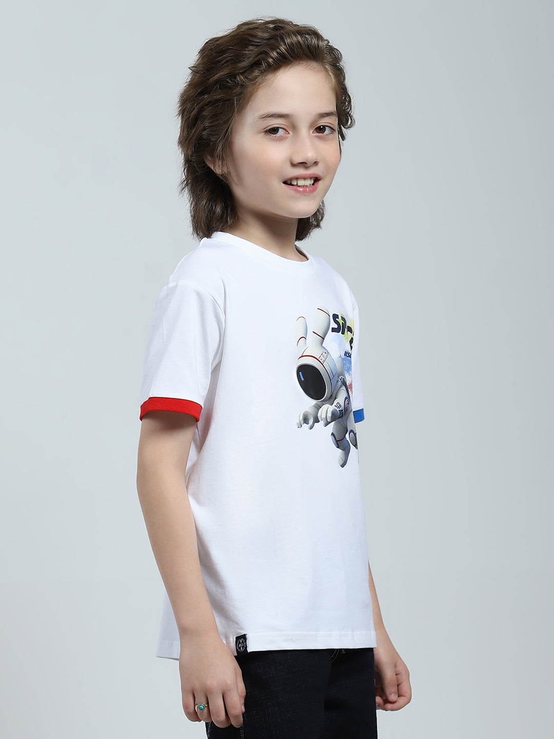 Boys White Printed Round Neck Half Sleeve T-Shirt
