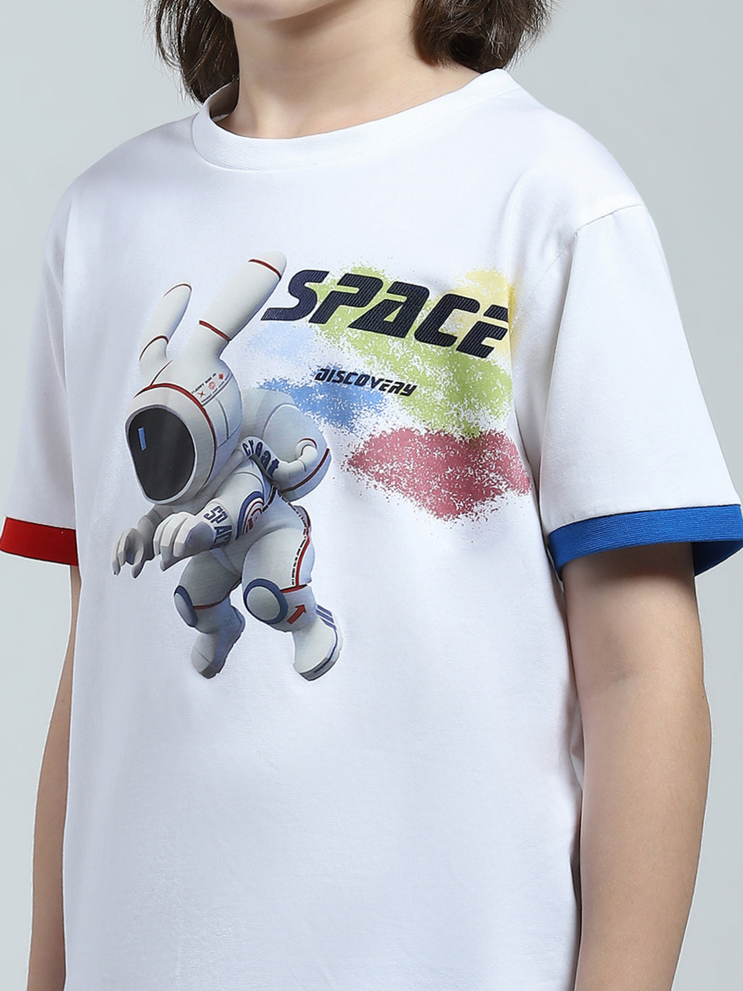 Boys White Printed Round Neck Half Sleeve T-Shirt