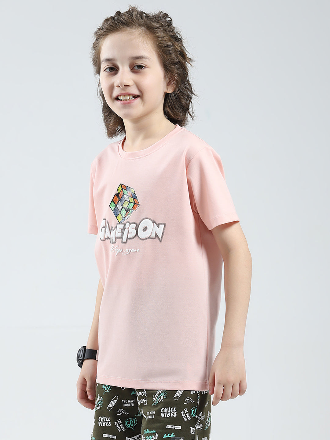 Boys Peach Printed Round Neck Half Sleeve T-Shirt