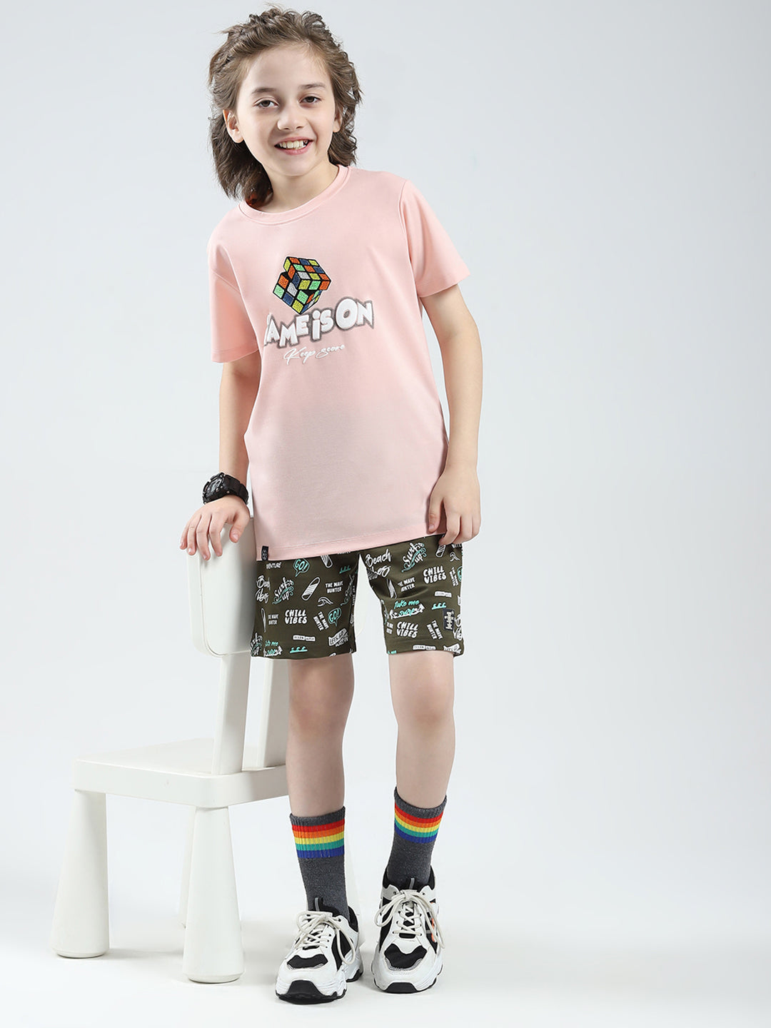 Boys Peach Printed Round Neck Half Sleeve T-Shirt